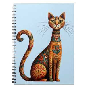 Caderno Espiral Gato Tribal Boho Fofo Arte Folclórica com Flores