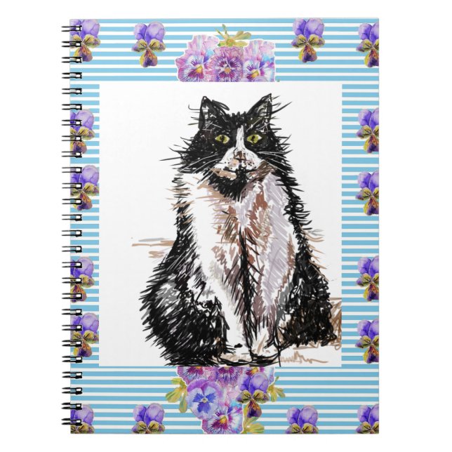 Caderno Espiral Gato Tuxedo Gatos Pretos e Brancos Flores Azuis (Frente)