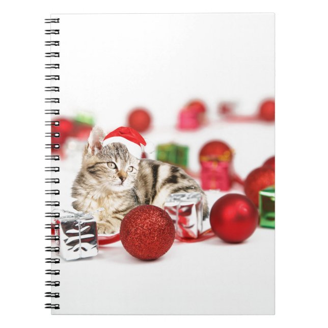 Caderno Espiral Gato vestindo Enfeites de natal de chapéu vermelho (Frente)
