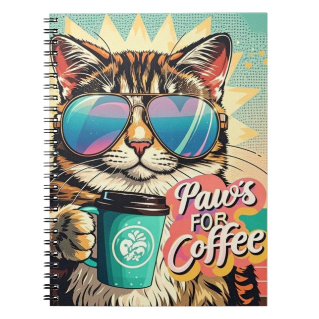 Caderno Espiral Gato vestindo óculos de sol enormes com café (Frente)