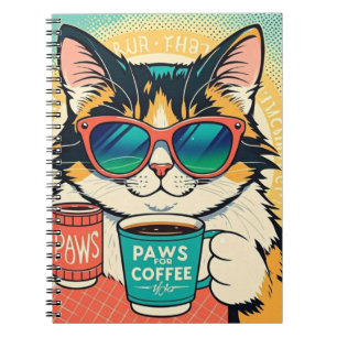 Caderno Espiral Gato vestindo óculos de sol enormes, segurando caf