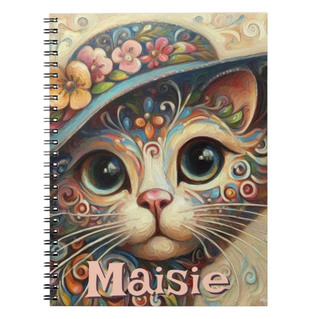 Caderno Espiral Gato Whimsical com chapéu Floral Personalizado (Frente)