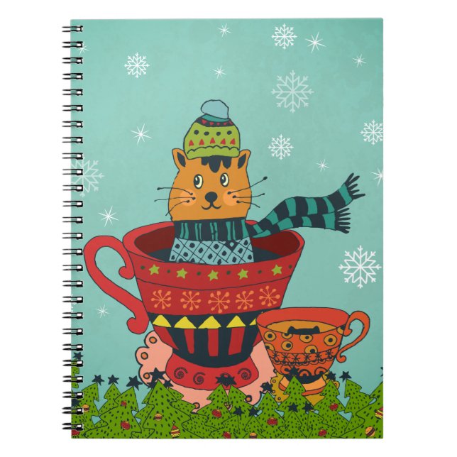 Caderno Espiral Gato Whimsso Sentado em um Natal Teacup (Frente)