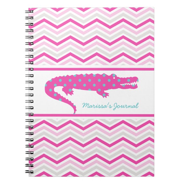 Caderno Espiral Gator rosa no notebook personalizado Chevron (Frente)