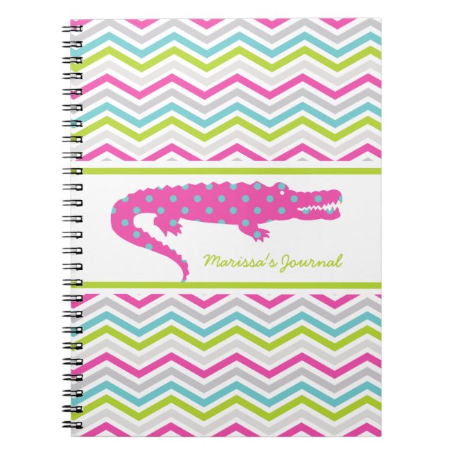 Caderno Espiral Gator rosa no notebook personalizado Chevron (Frente)