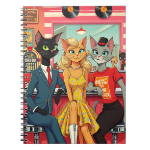 Caderno Espiral Gatos Adolescentes de Meados do Século em uma Lanc