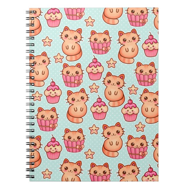 Caderno Espiral Gatos Cute de Kawaii Cupcakes Rosa e Padrão Azul (Frente)