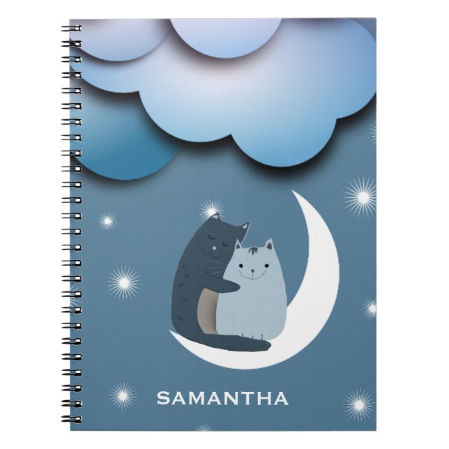 Caderno Espiral Gatos de Corte do fofinho na Lua Personalizados (Frente)