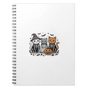 Caderno Espiral Gatos de Esqueleto Fofo de Halloween Gravura Vinta