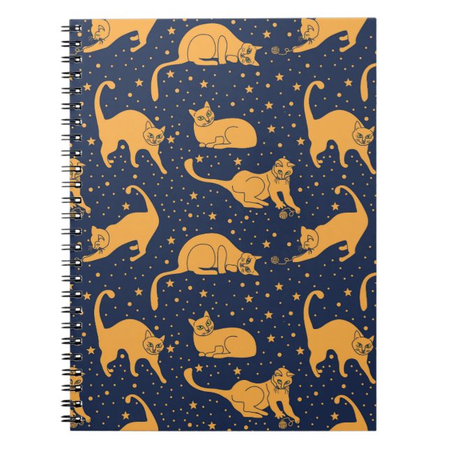Caderno Espiral Gatos engraçados, estrelas, padrão espacial. (Frente)