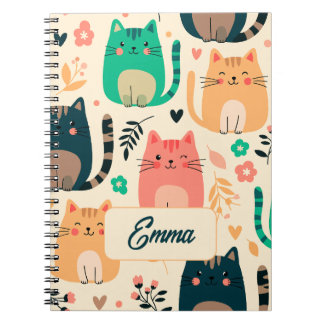 Caderno Espiral Gatos Fofos e Padrão Floral Monograma Personalizad