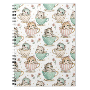 Caderno Espiral Gatos Fofos em Xícaras de Chá - Padrão de Design d
