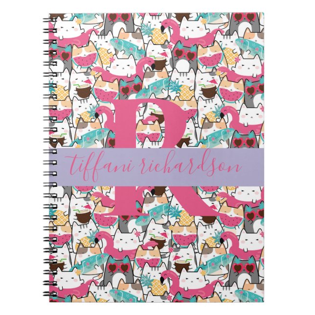 Caderno Espiral Gatos Gatinhos Gatinhos Gafanhotos de Verão Kawaii (Frente)