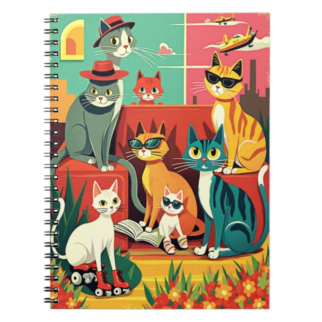 Caderno Espiral Gatos Modernos de meio século em Férias (Frente)