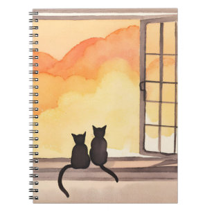 Caderno Espiral Gatos na Janela Silhueta de Aquarela do Pôr do S