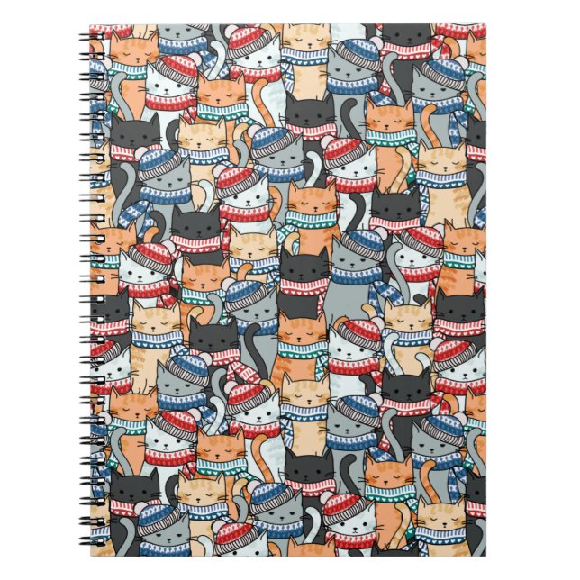 Caderno Espiral Gatos no padrão de escarpas e chapéus de inverno (Frente)