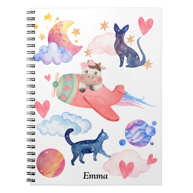 Caderno Espiral Gatos Personalizados Do Espaço De Vaca Gatos Da Lu (Frente)