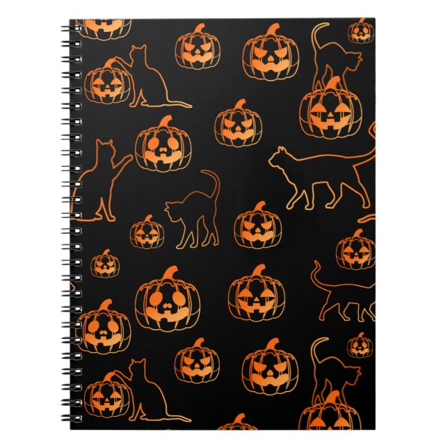 Caderno Espiral Gatos Pretos e Pumpkins Laranja Padrão de Hallowee (Frente)