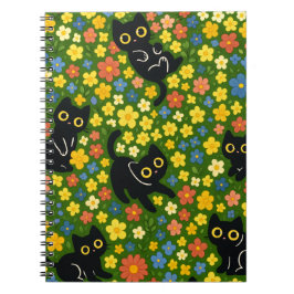 Caderno Espiral Gatos Pretos Fofos Padrão de Prado Floral
