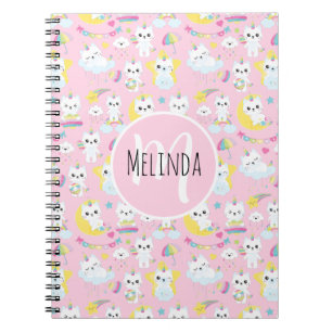 Caderno Espiral Gatos Unicórnio Fofos Padrão Rosa Claro