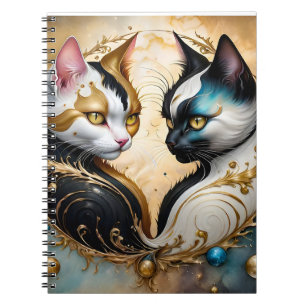 Caderno Espiral Gatos Yin-Yang com Elementos Cósmicos Mágicos