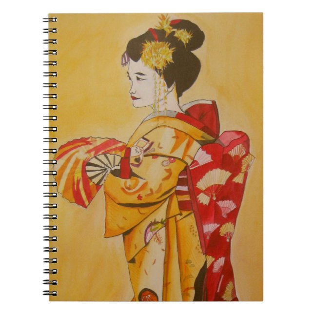 Caderno Espiral Geisha gold kimono original de aquarela (Frente)