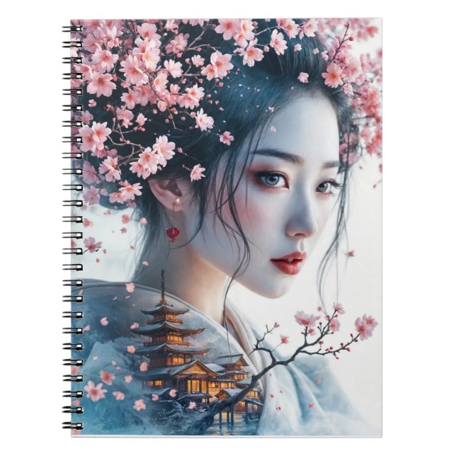 Caderno Espiral  Geisha portrait, cherry blossoms, Japanese art, (Frente)