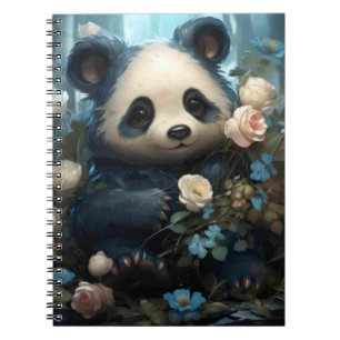 Caderno Espiral Gentil Urso Panda Entre Rosas Selvagens