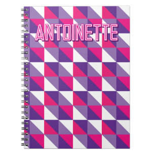 Caderno Espiral Geométrico Abstrato Retro Rosa Roxo & Nome Branco
