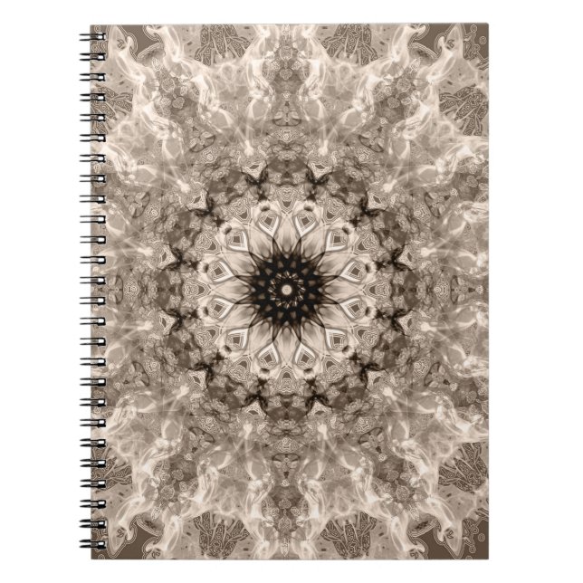 Caderno Espiral geométrico, bege, castanho, mandala (Frente)