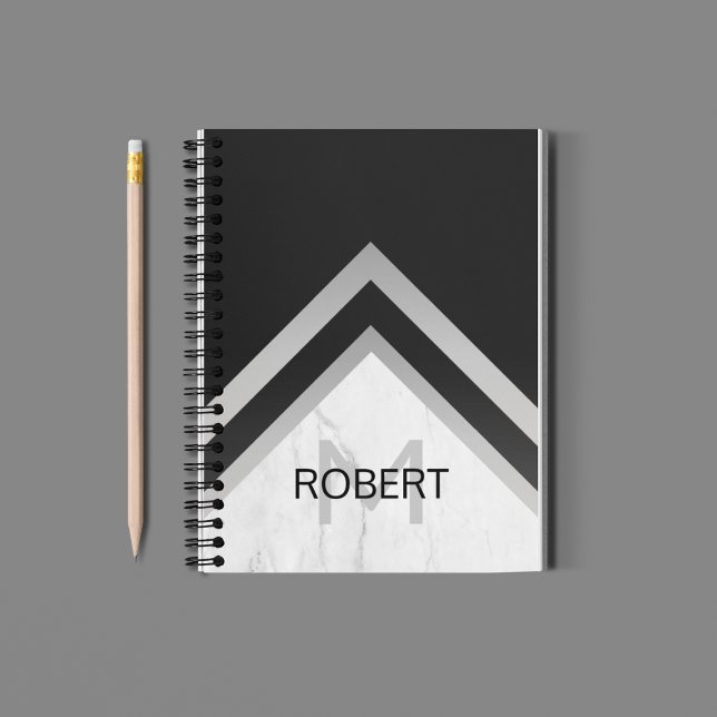 Caderno Espiral Geométrico de Chevron Monogramado Preto Mármore Pr (Criador carregado)
