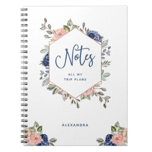 Caderno Espiral Geométrico Dourado cor-de-rosa floral branco