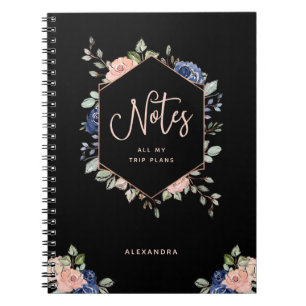 Caderno Espiral Geométrico Dourado cor-de-rosa floral preto