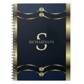 Caderno Espiral Geométrico Dourado E Azul Marinho Monograma