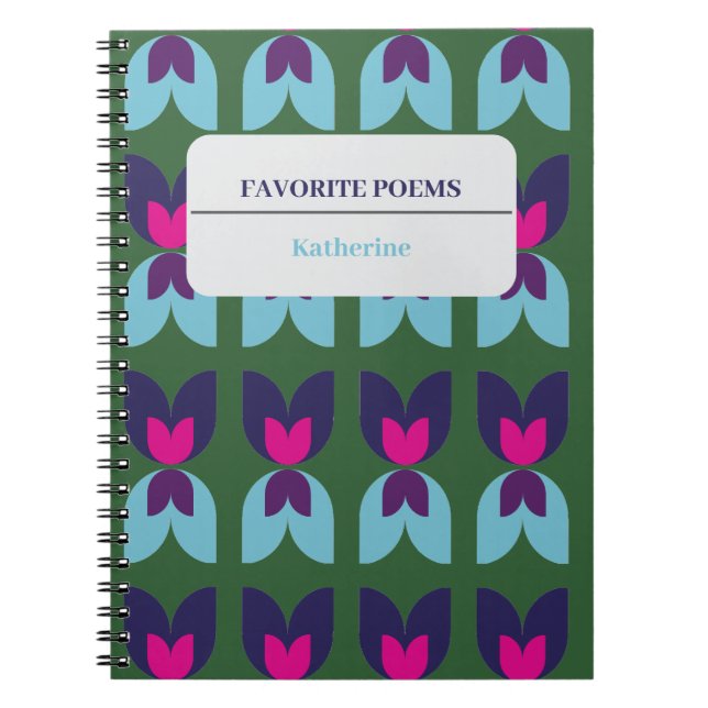 Caderno Espiral Geométrico Floral Tulipa Verde & Azul Personalizad (Frente)