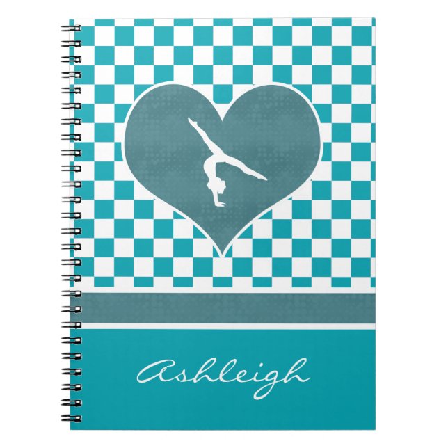 Caderno Espiral Ginástica Checkered verde da cerceta com monograma (Frente)