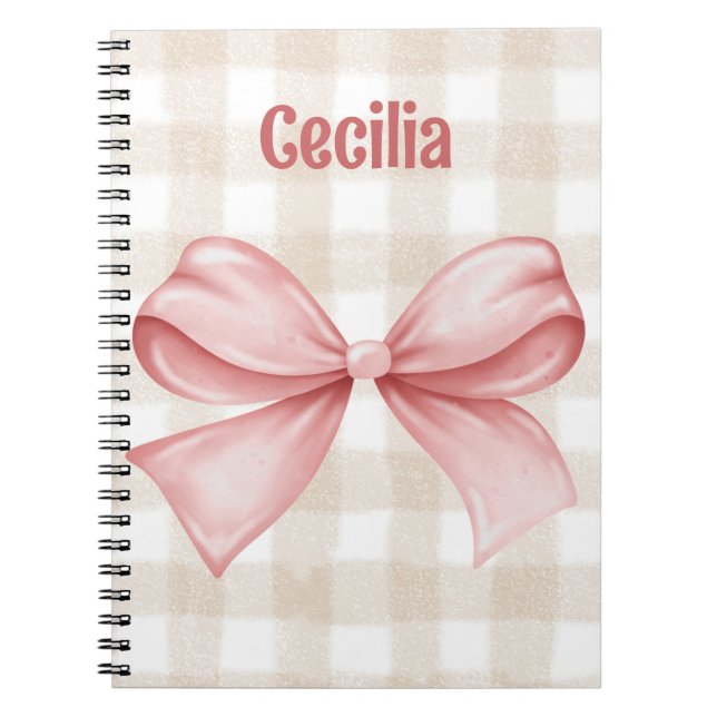 Caderno Espiral Gingham bege e rosa com arco de aquarela (Frente)