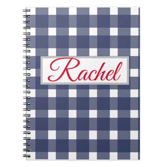 Caderno Espiral Gingham Branco Azul Personalizado (Frente)