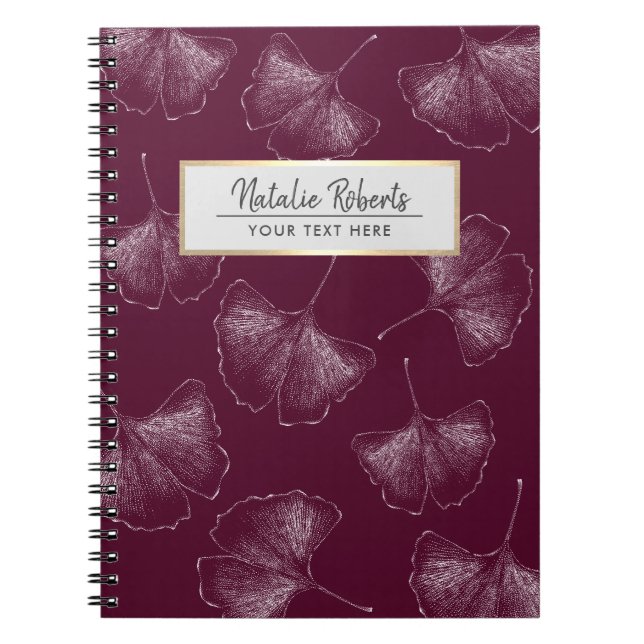 Caderno Espiral Ginkgo deixa padrão borgonha vermelha legante (Frente)