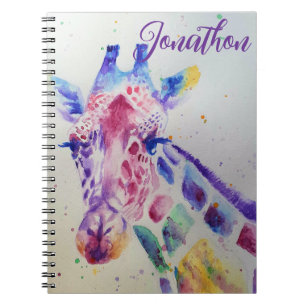 Caderno Espiral Girafa Colorida Arte em Aquarela Meninos