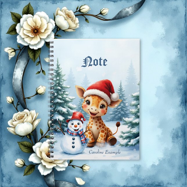 Caderno Espiral Girafa de Cartoon Bonita com Santa Hat e Snowman (Criador carregado)