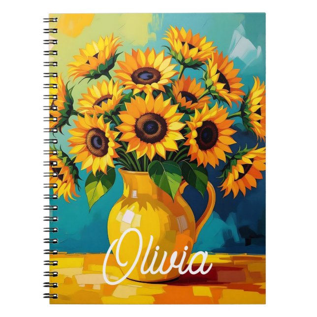 Caderno Espiral Girassóis Amarelos em um vaso amarelo personalizad (Frente)
