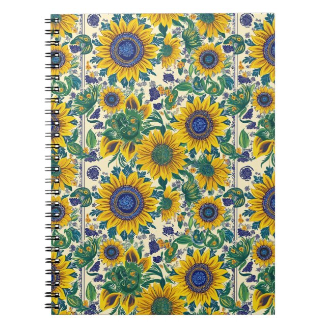 Caderno Espiral Girassóis. Padrão de arte popular ucraniano. (Frente)