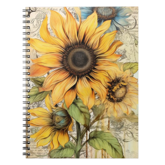 Caderno Espiral Girassóis vintage.  (Frente)