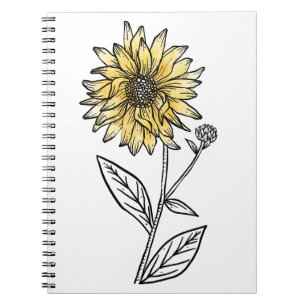 Caderno Espiral Girassol de linha estética de aquarela botânica