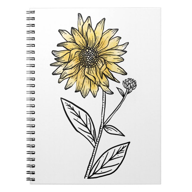 Caderno Espiral Girassol de linha estética de aquarela botânica (Frente)