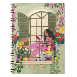 Caderno Espiral Girl reading on summer balcony with cats