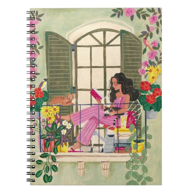 Caderno Espiral Girl reading on summer balcony with cats (Frente)