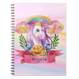 Caderno Espiral Girls Cute Purple Unicorn Rainbow Nome Personaliza
