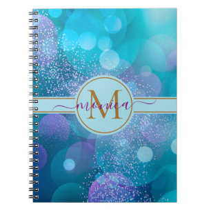 Caderno Espiral Girly Aqua Blue Bokeh Dourado Glitter Monographic